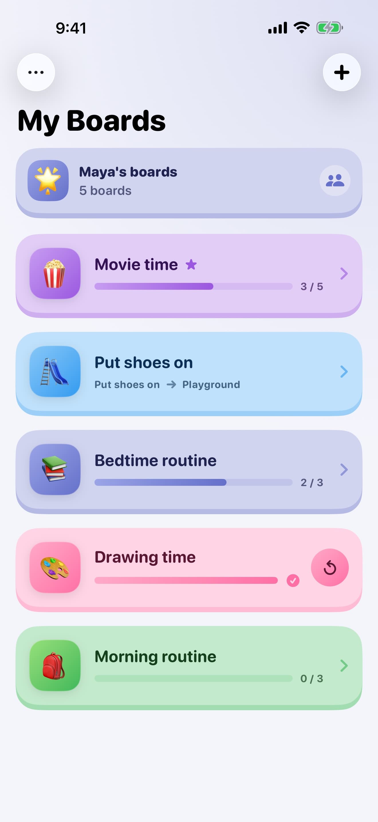 A list of saved boards for one child: Movie time, Put shoes on, Bedtime routine, each with a progress bar.