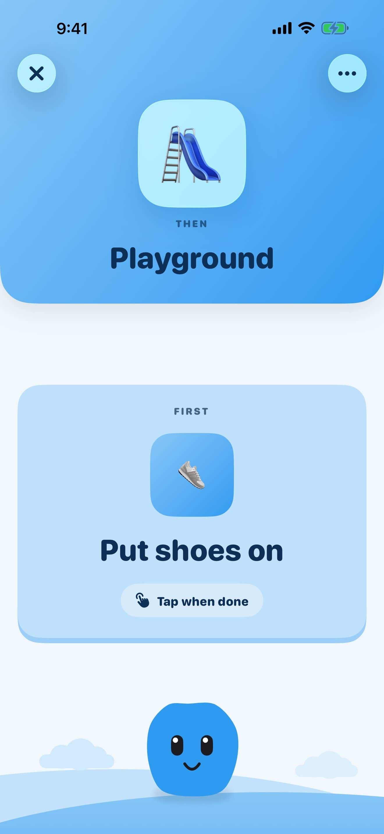 A First–Then board showing first Put shoes on, then Playground.