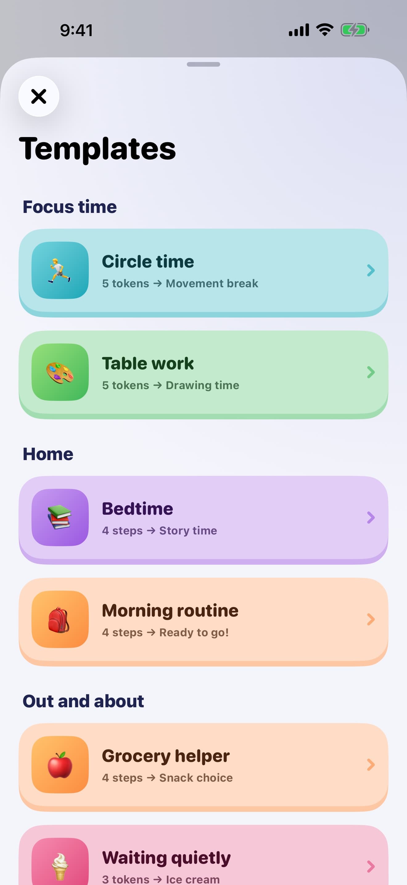 The template list, grouped into Focus time, Home, and Out and about.